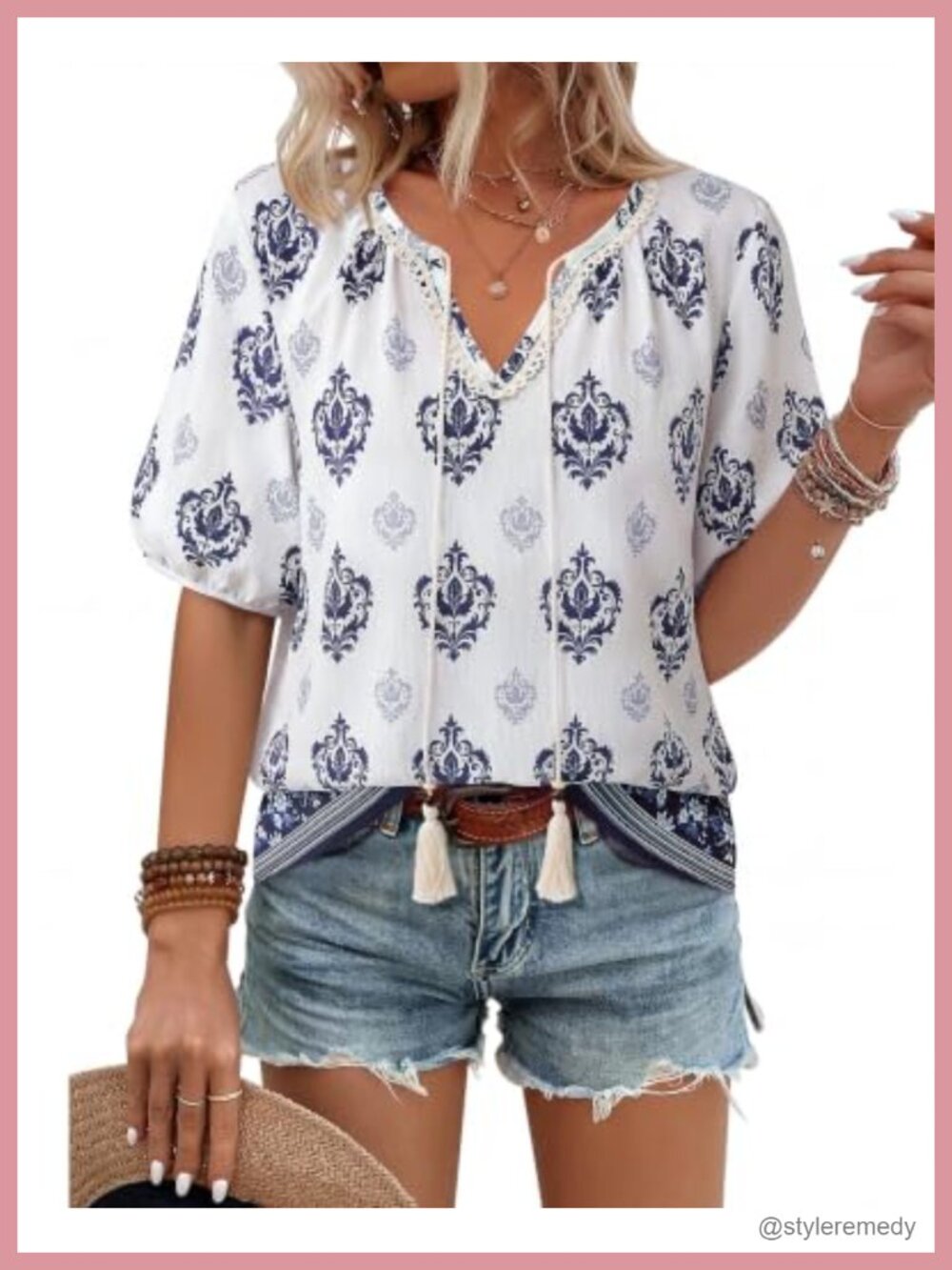 Womens Boho Floral Blouse V Neck Tie Front Flowy Peasant Top